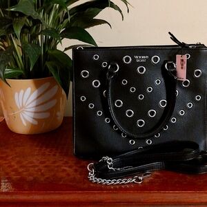 Victoria's Secret Black and Silvertone Grommet Crossbody Handbag